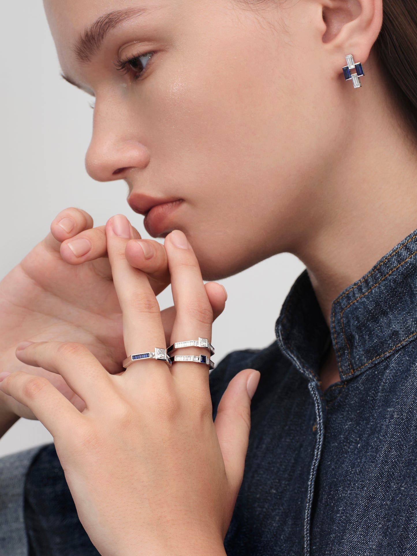 Sapphire Diamond Ear Stud - Rectangle