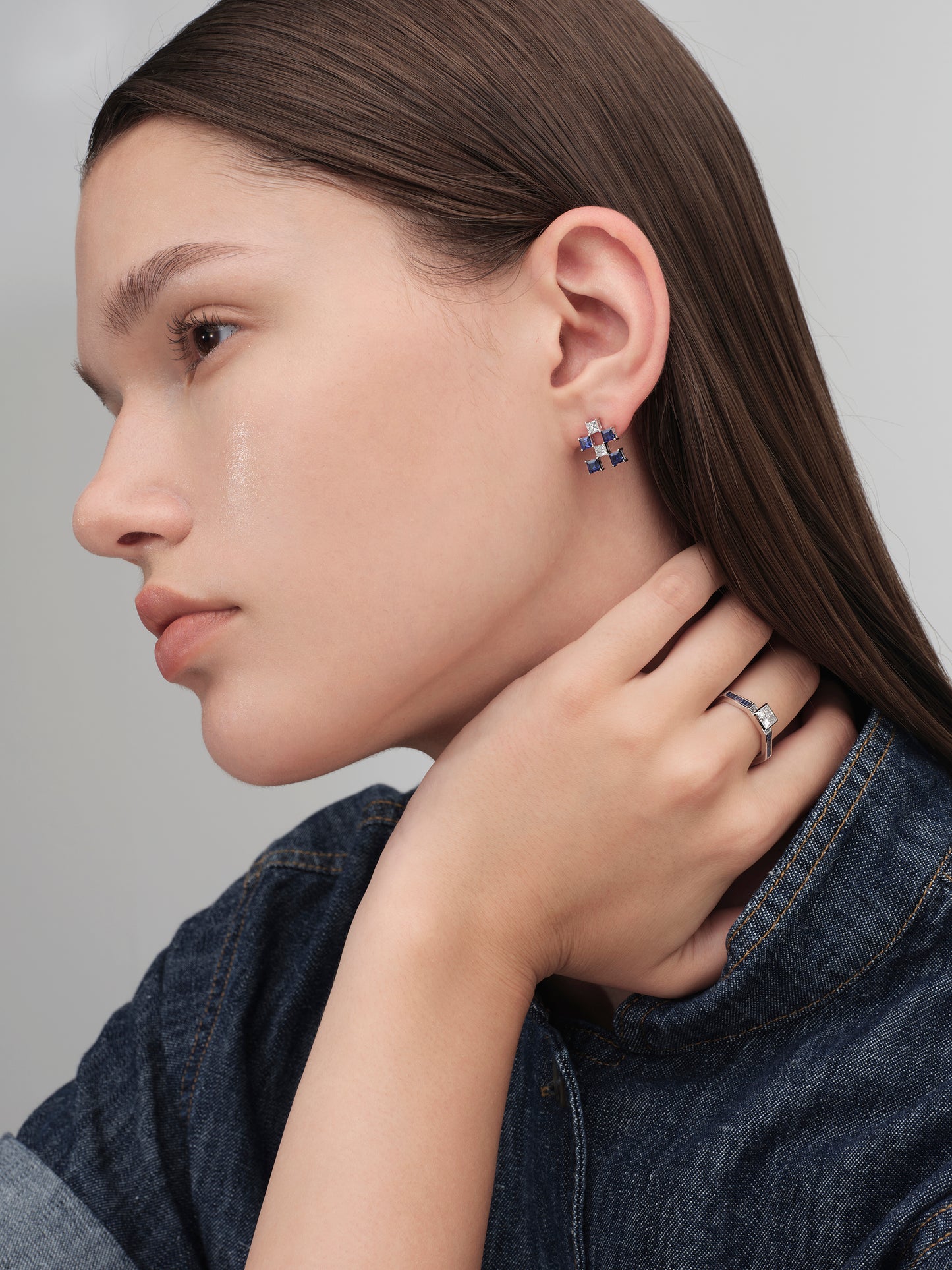 Sapphire Diamond Ear Stud - Square