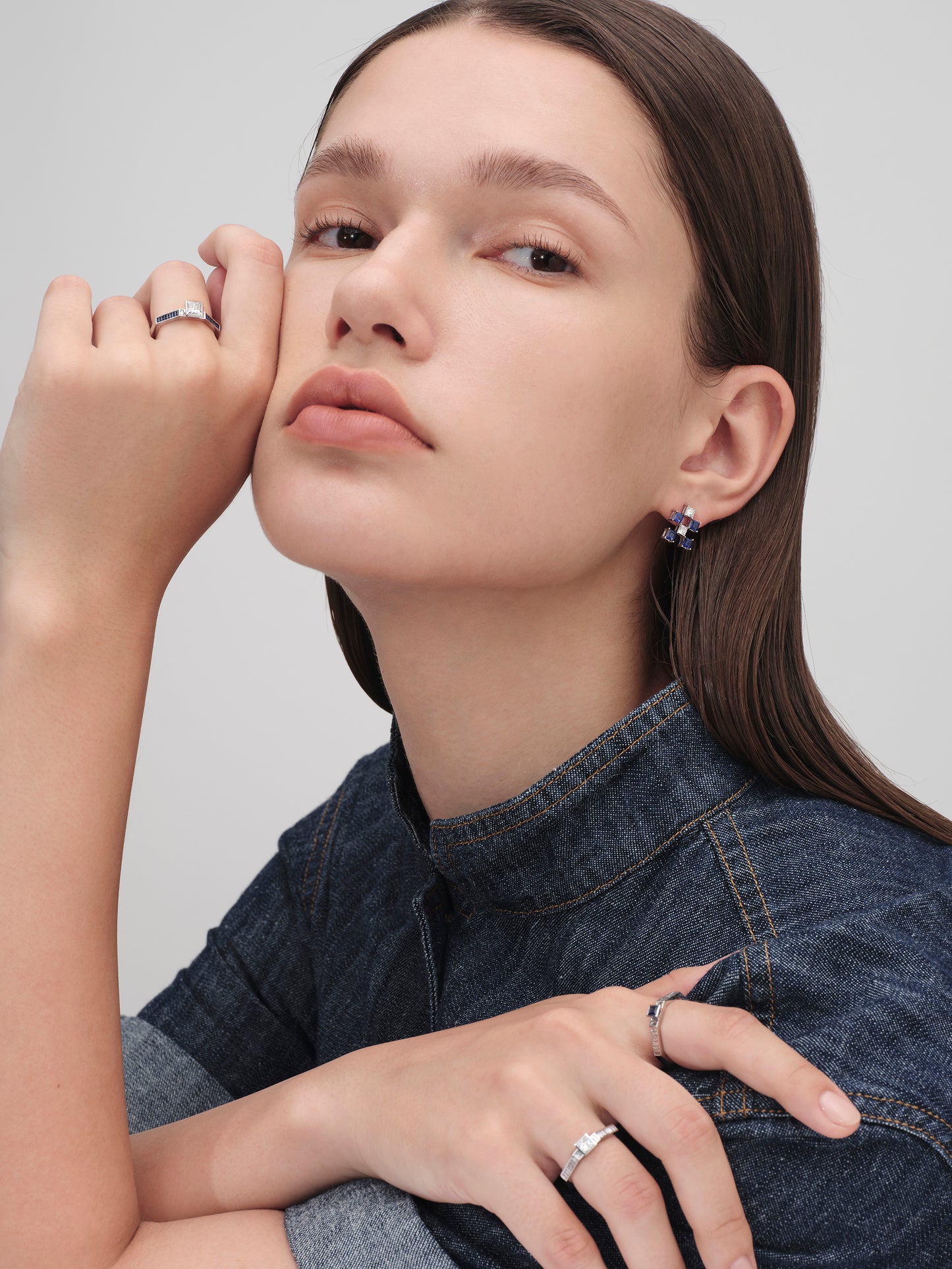 Sapphire Diamond Ear Stud - Square